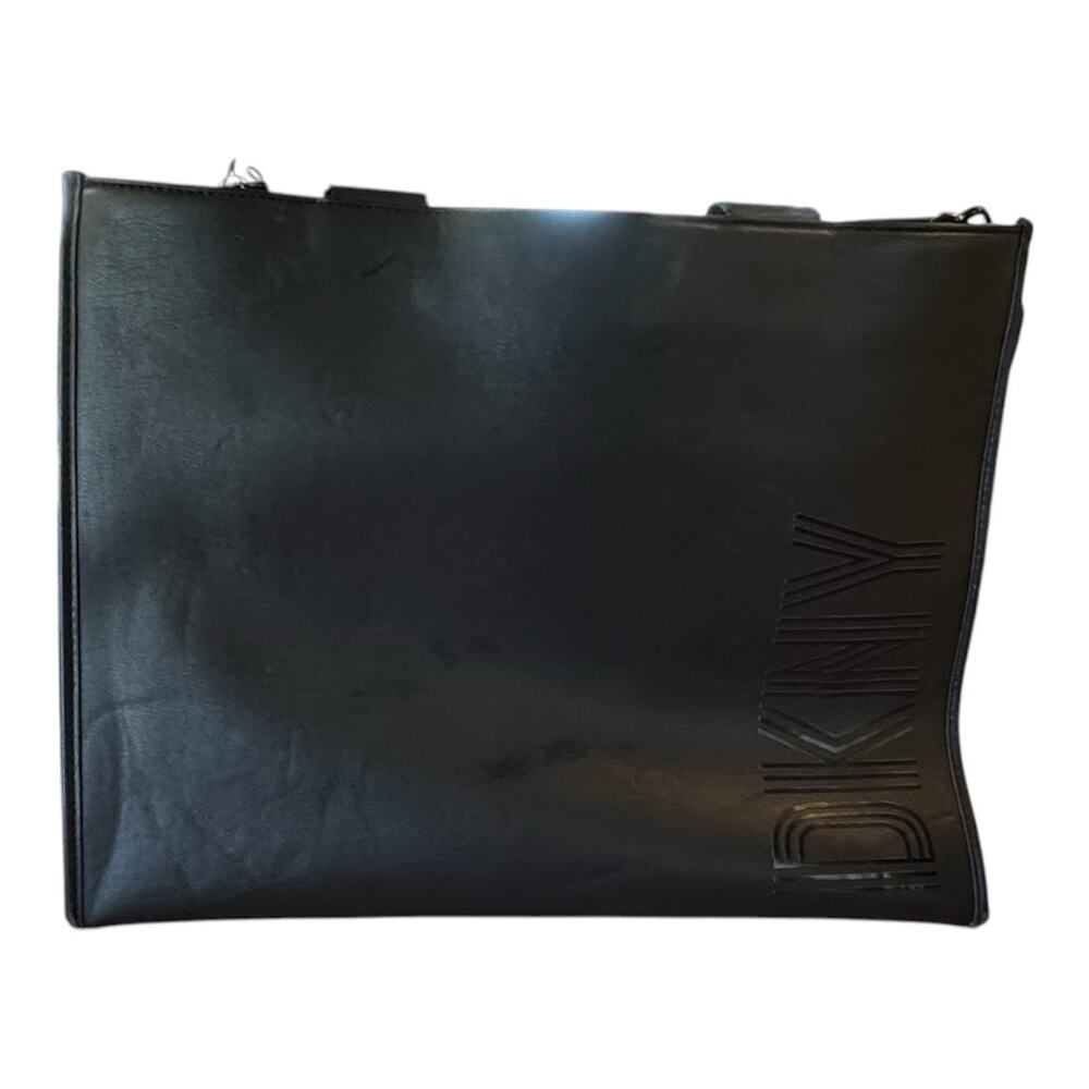DKNY Tilly Stacked Logo Black Faux Leather Large Tote Shoulder Bag